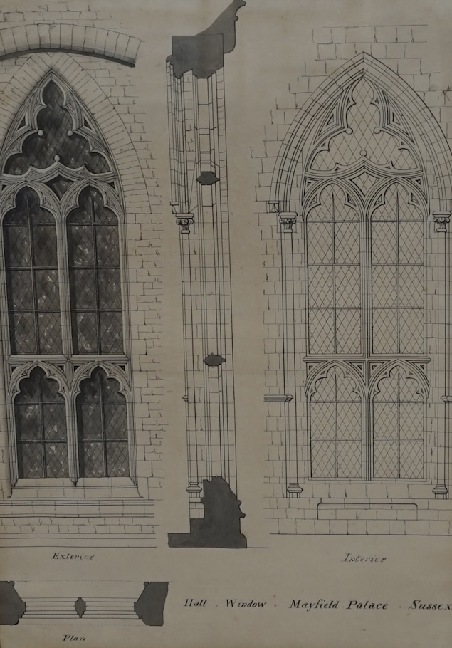 19th century, monochrome, ink and watercolour, ‘Mayfield Palace, Sussex’, architectural design, 47 x 32.5cm. Condition - fair